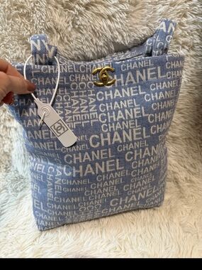 VIP Precision Beauté Novelty Blue Denim Script Tote Bag